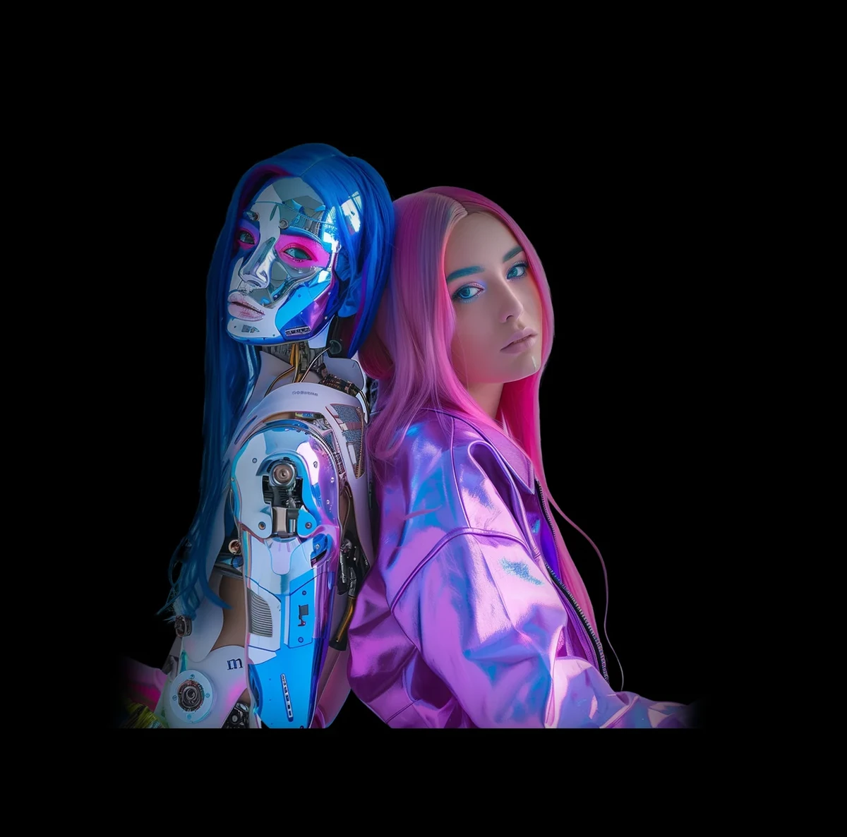 Futuristic AI bot and digital art background for influencer services